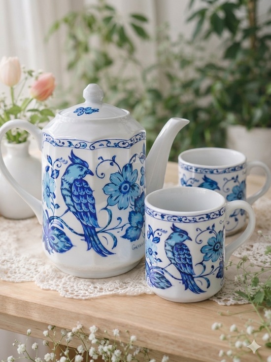 Vintage Japan Blue White Bird Floral Teapot & Cups Cottagecore